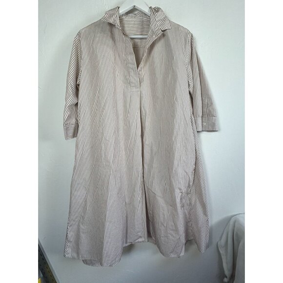 Womens Brown & White Collared 3/4 Sleeve A-Line Striped Shirt Dress Pockets - Picture 1 of 7